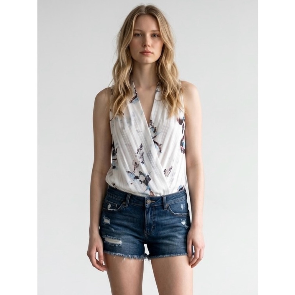4/$40 Guess V-Neck White‎ Multi Color Floral Sleeveless Wrap Stlye Body Suit